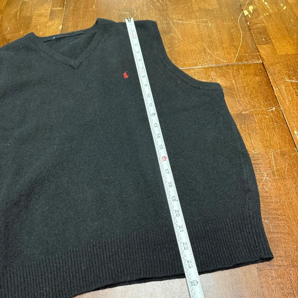 Polo Ralph Lauren 100% Wool Sweater Vest Mens Medium Black Red Pony V-Neck Knit